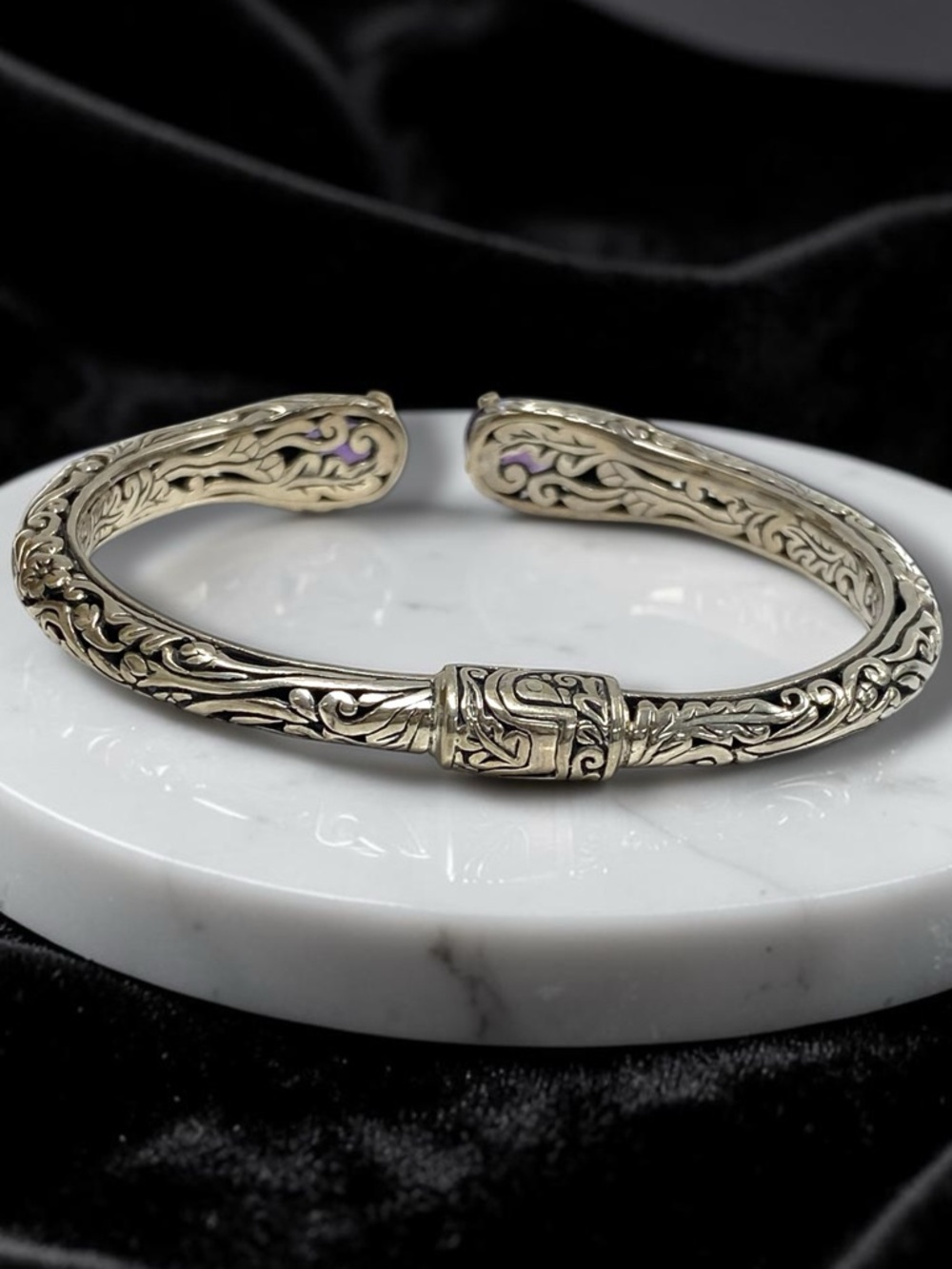 Estate Embossed Sterling Silver 925 Amethyst Cuff Hinged Bangle Bracelet! - Picture 4 of 16